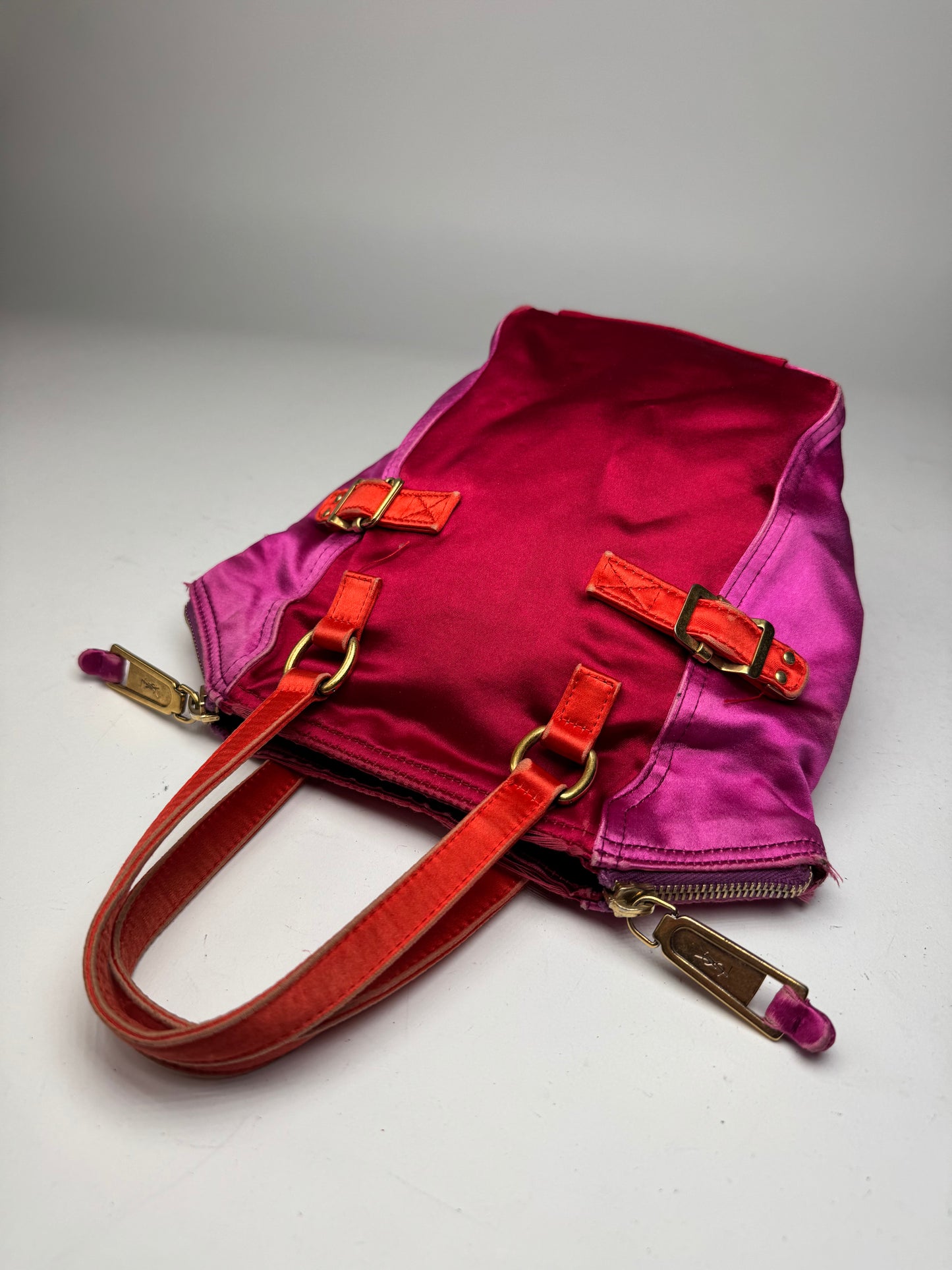 Vintage Yves Saint Laurent Velvet Leather Mini Handbag Pink Red Orange