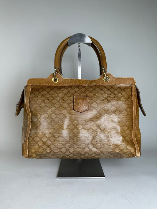 Vintage Celine Canvas Tote Bag Beige Brown Gold