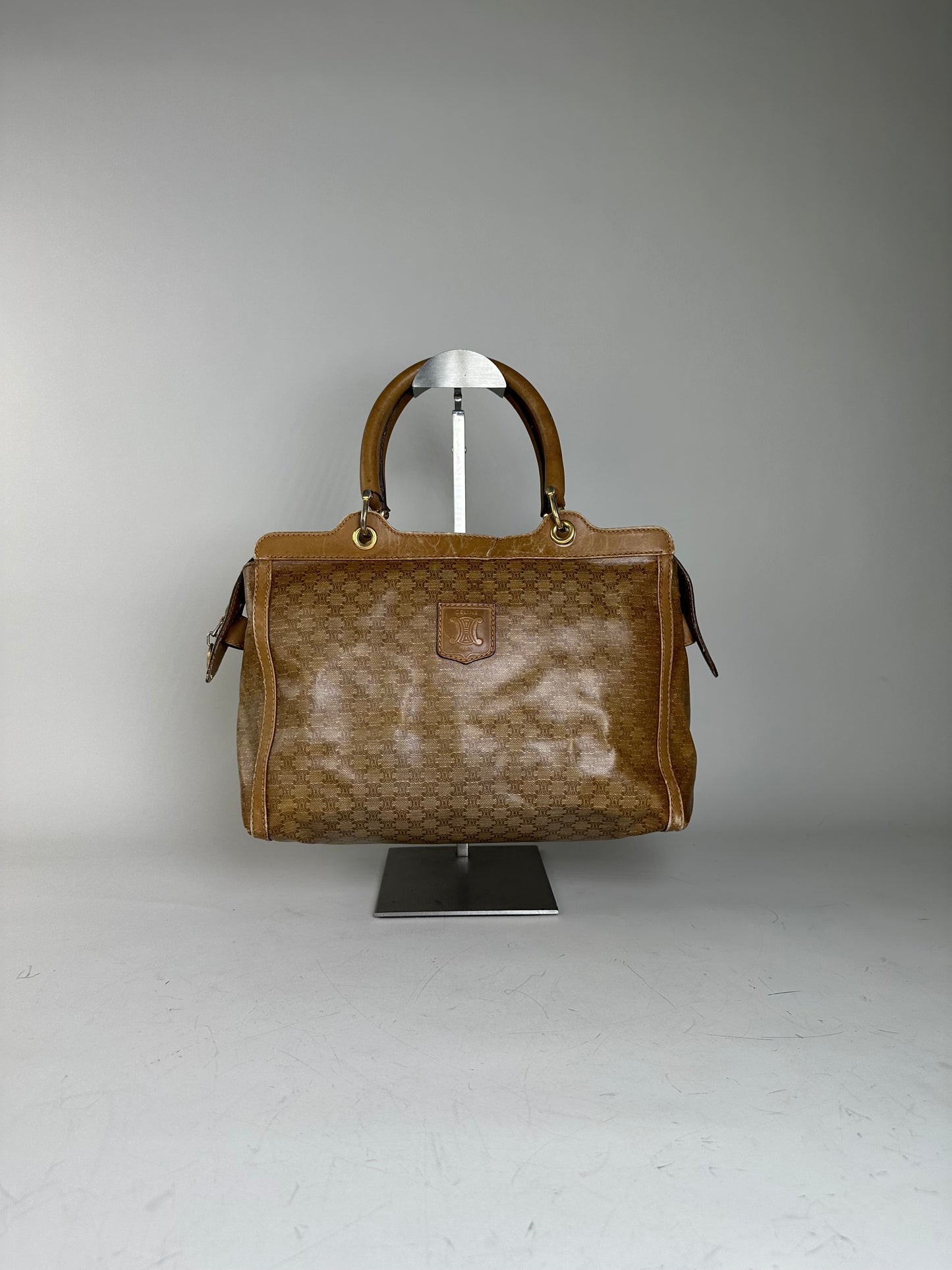 Vintage Celine Canvas Tote Bag Beige Brown Gold