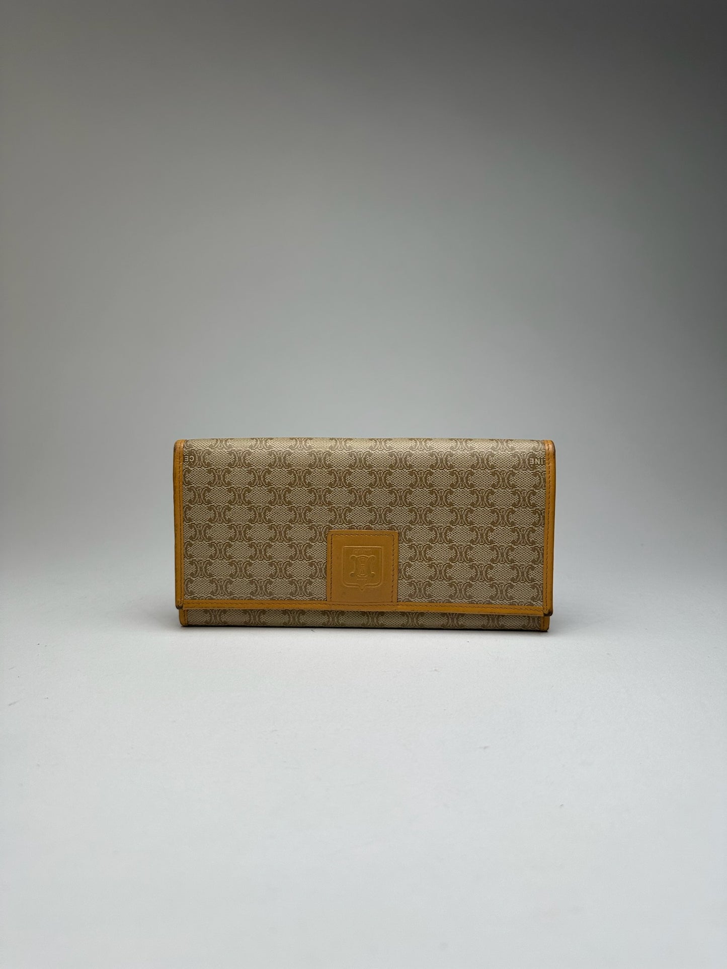 Vintage Celine Triomphe Monogram Leather wallet beige Brown