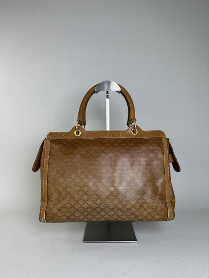 Vintage Celine Canvas Tote Bag Beige Brown Gold