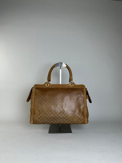 Vintage Celine Canvas Tote Bag Beige Brown Gold