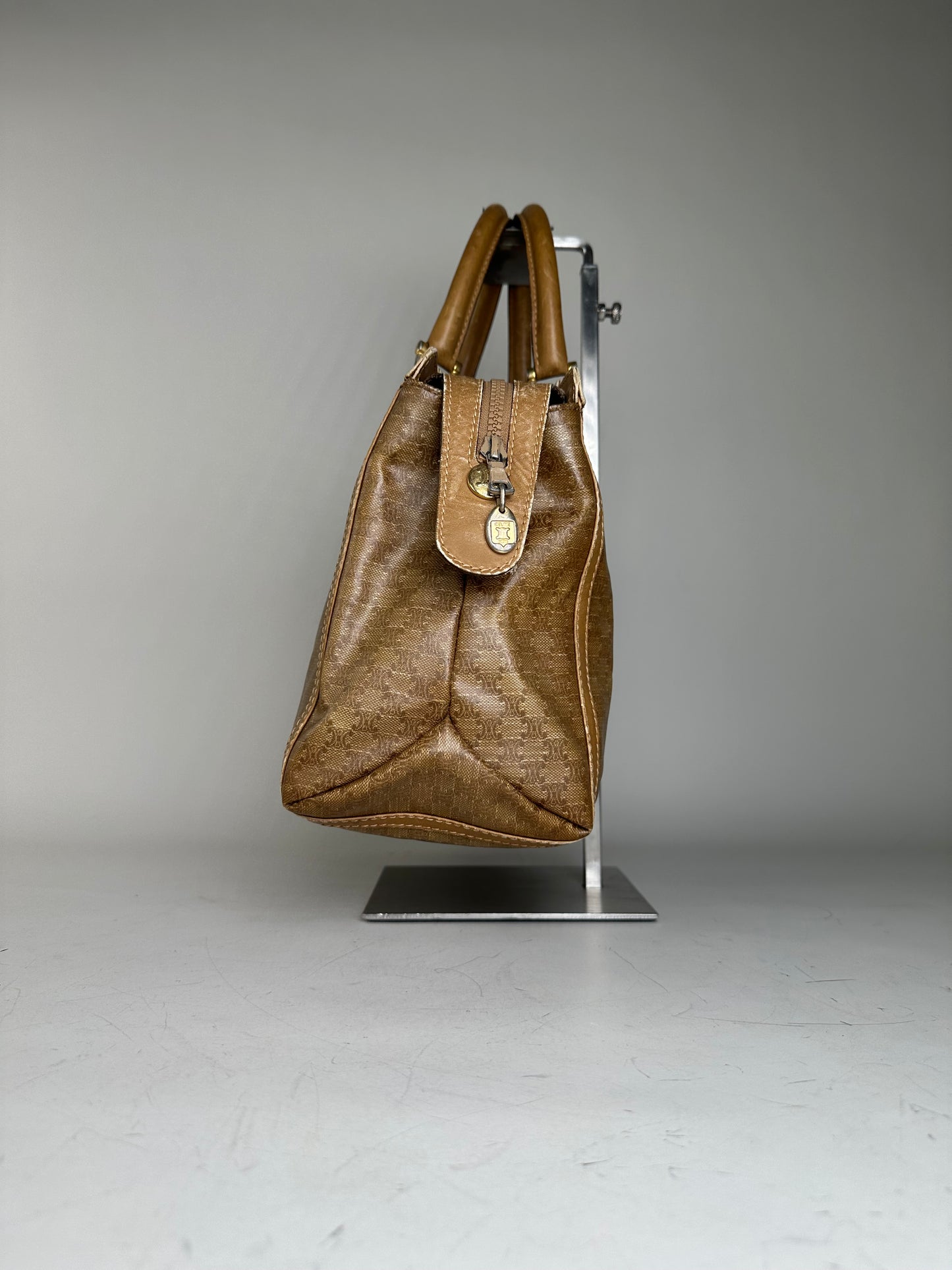 Vintage Celine Canvas Tote Bag Beige Brown Gold