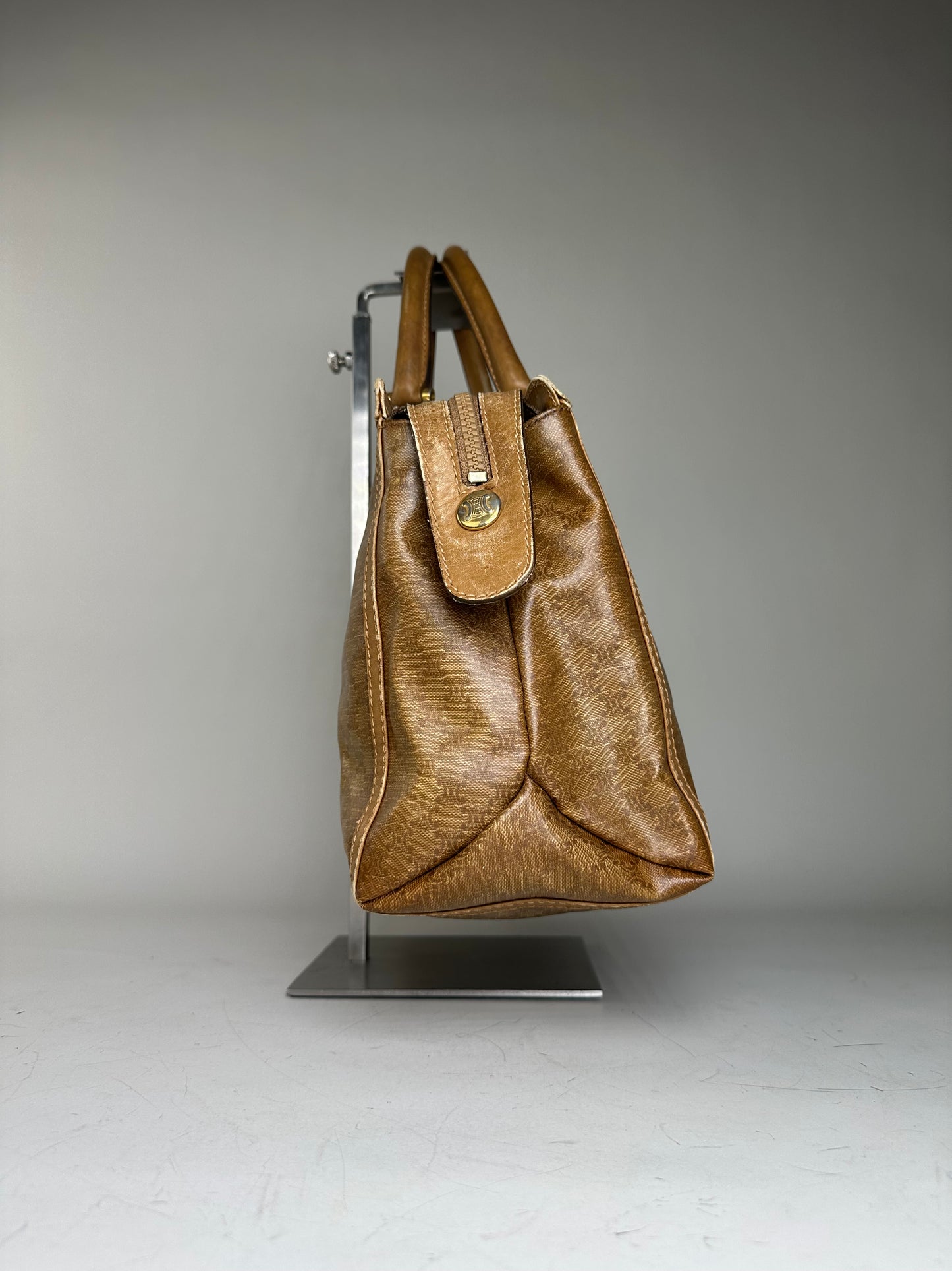 Vintage Celine Canvas Tote Bag Beige Brown Gold