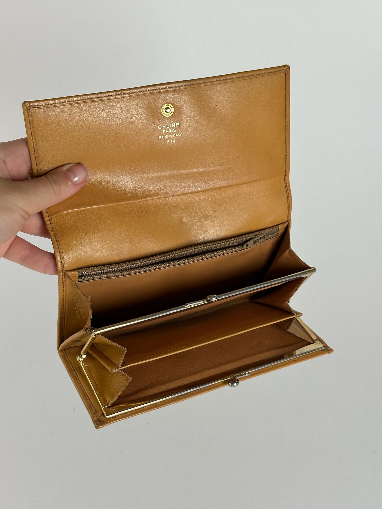 Vintage Celine Triomphe Monogram Leather wallet beige Brown