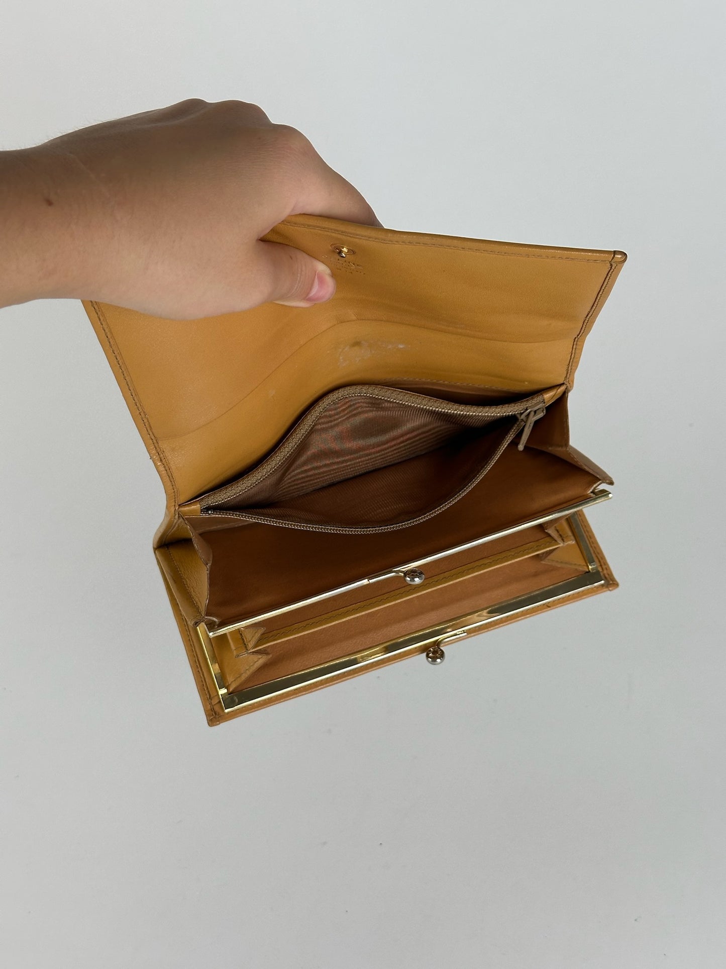 Vintage Celine Triomphe Monogram Leather wallet beige Brown