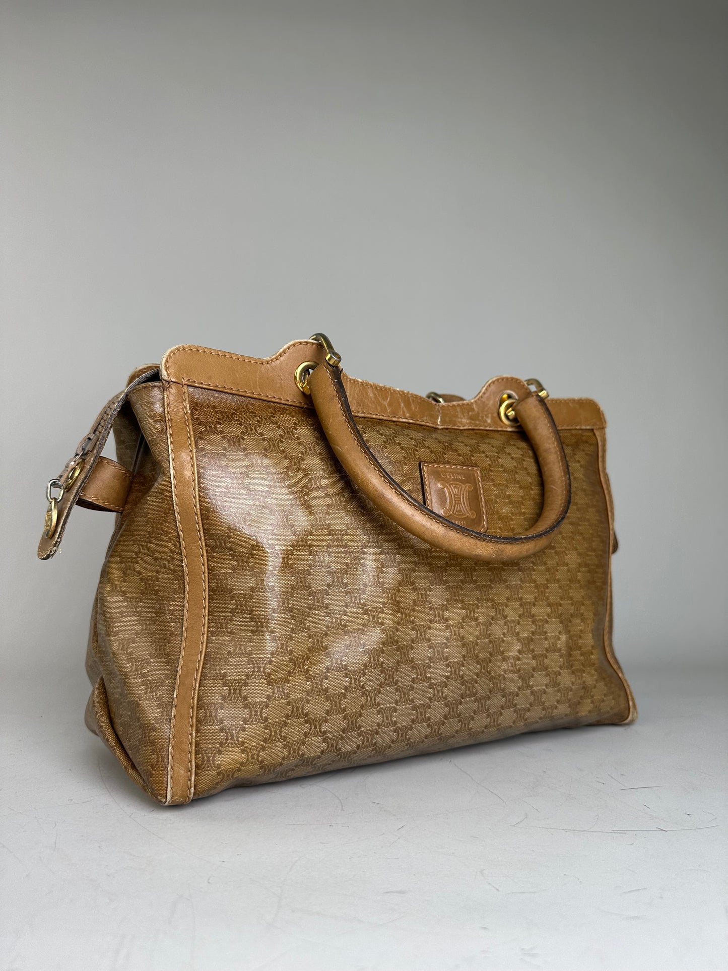 Vintage Celine Canvas Tote Bag Beige Brown Gold