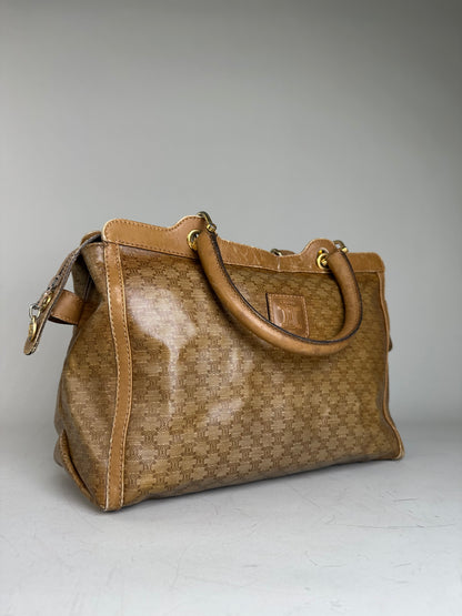 Vintage Celine Canvas Tote Bag Beige Brown Gold