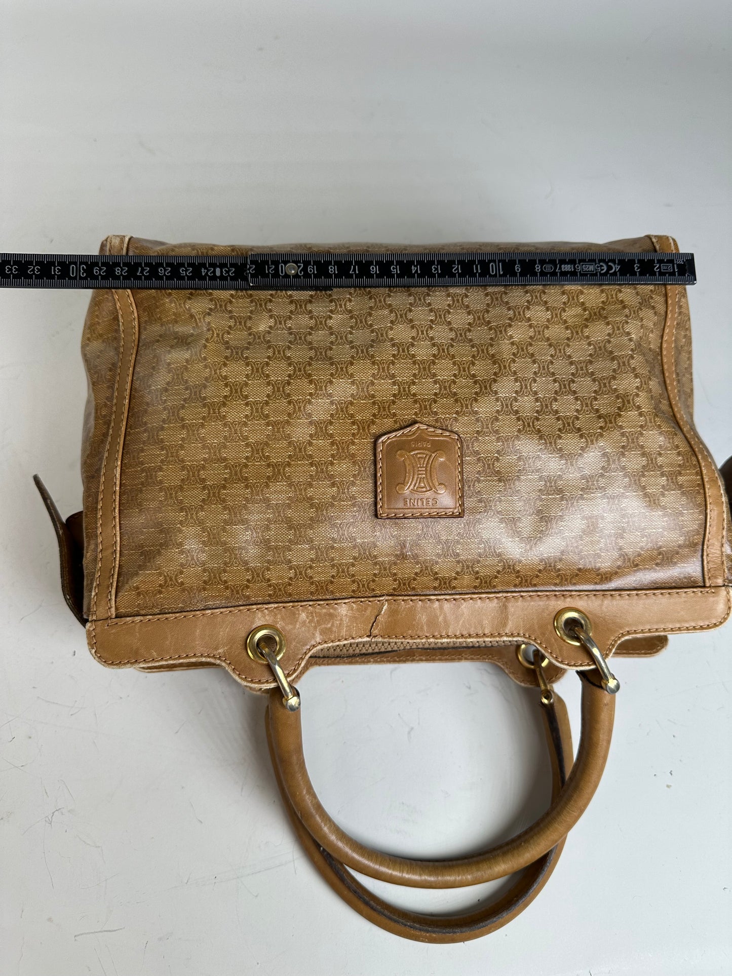 Vintage Celine Canvas Tote Bag Beige Brown Gold