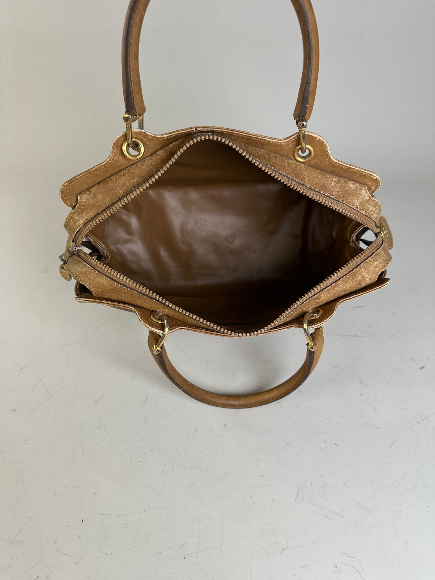 Vintage Celine Canvas Tote Bag Beige Brown Gold