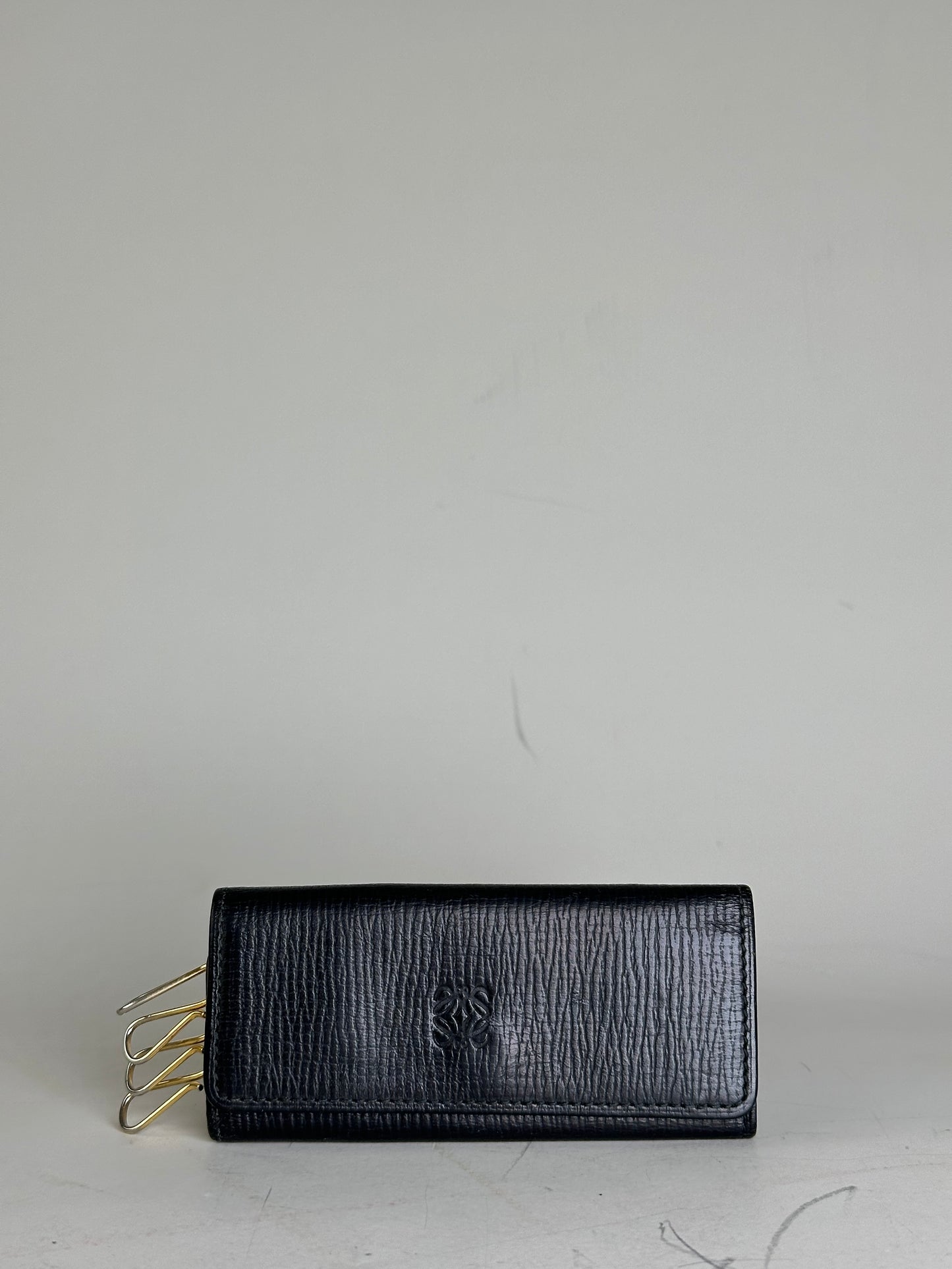 Vintage Loewe Grained Leather Key Holder Black Gold