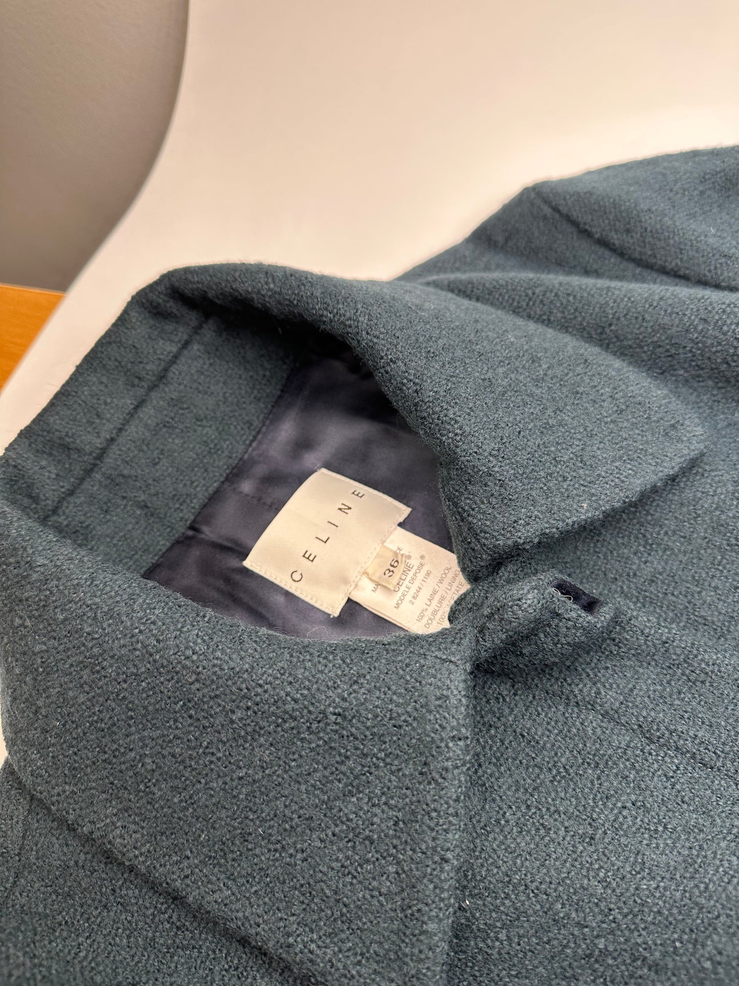 Vintage Celine Paris Wool Single Breasted Belted Trench Coat Teal S