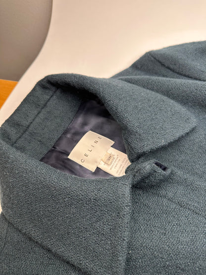Vintage Celine Paris Wool Single Breasted Belted Trench Coat Teal S