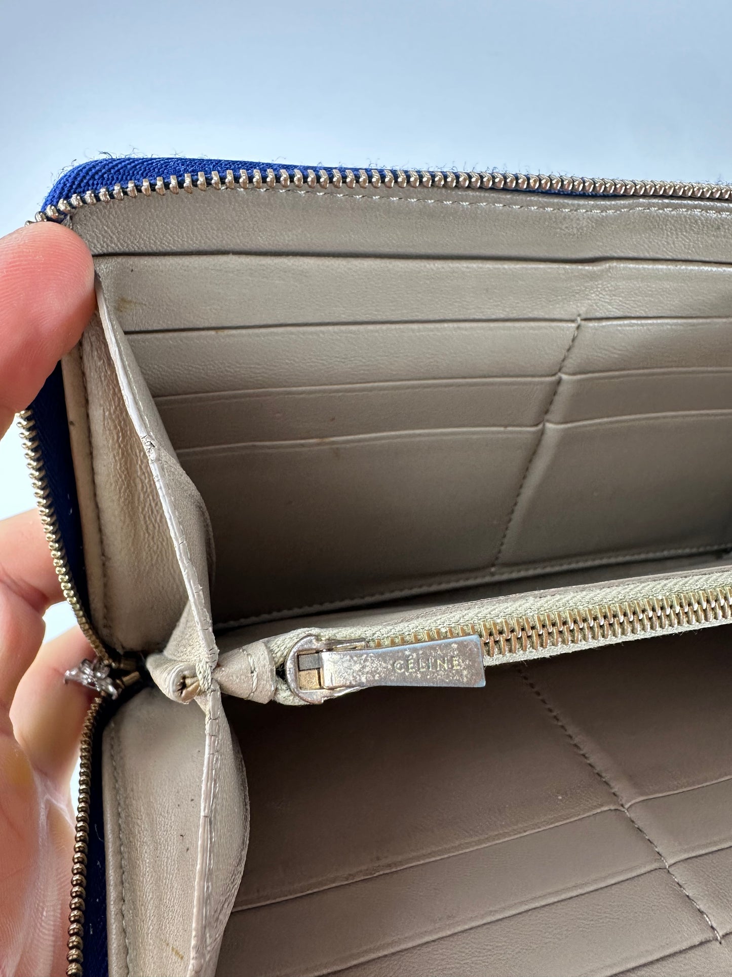 Vintage Celine Paris Zippy Leather Wallet Blue