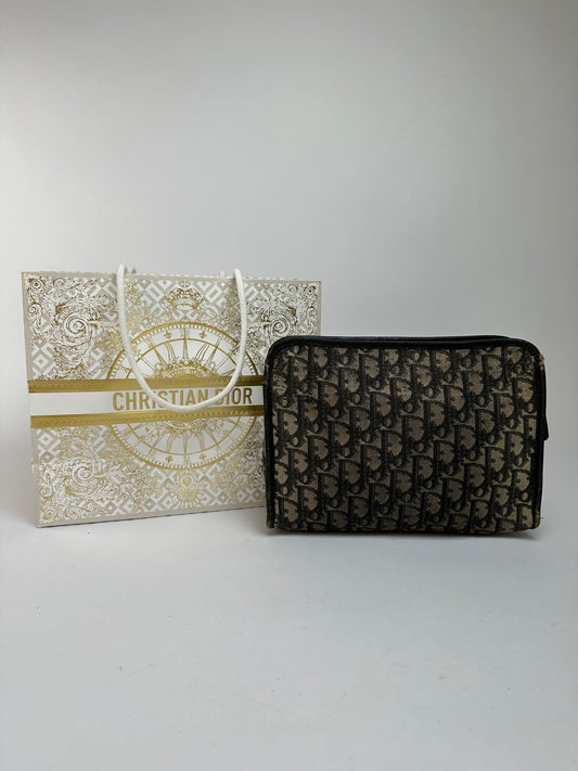 Vintage Dior Oblique Jacquard Zip Pouch Late 1970s Black Beige