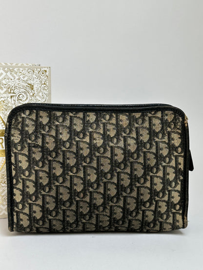 Vintage Dior Oblique Jacquard Zip Pouch Late 1970s Black Beige