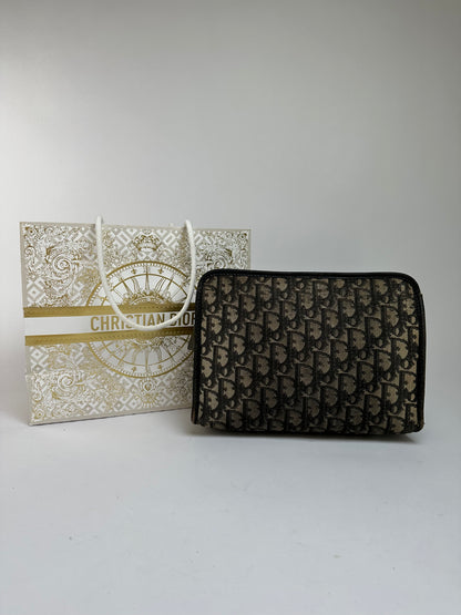 Vintage Dior Oblique Jacquard Zip Pouch Late 1970s Black Beige