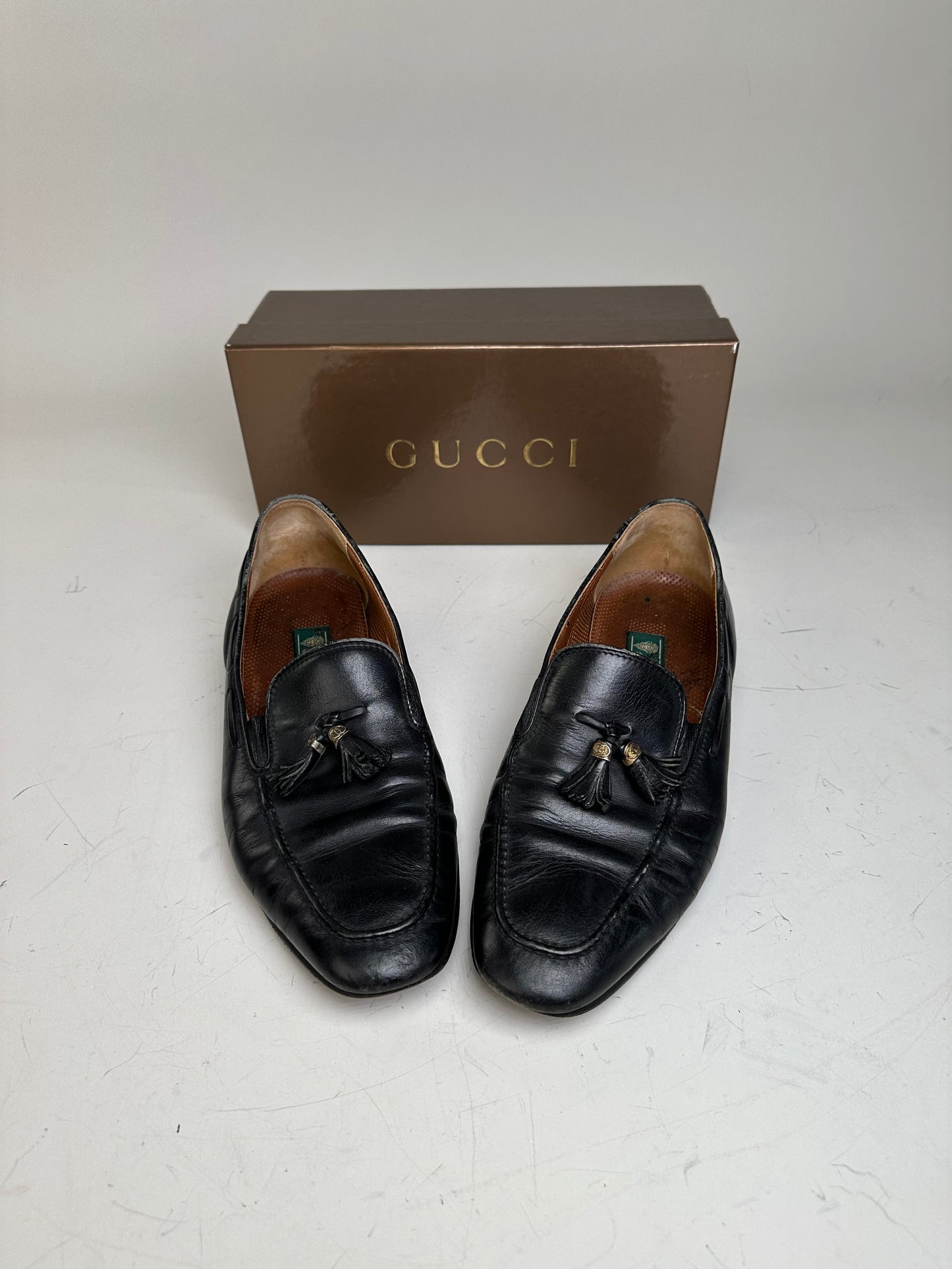 Vintage Gucci Polished Leather Loafers Black Silver EU41.5