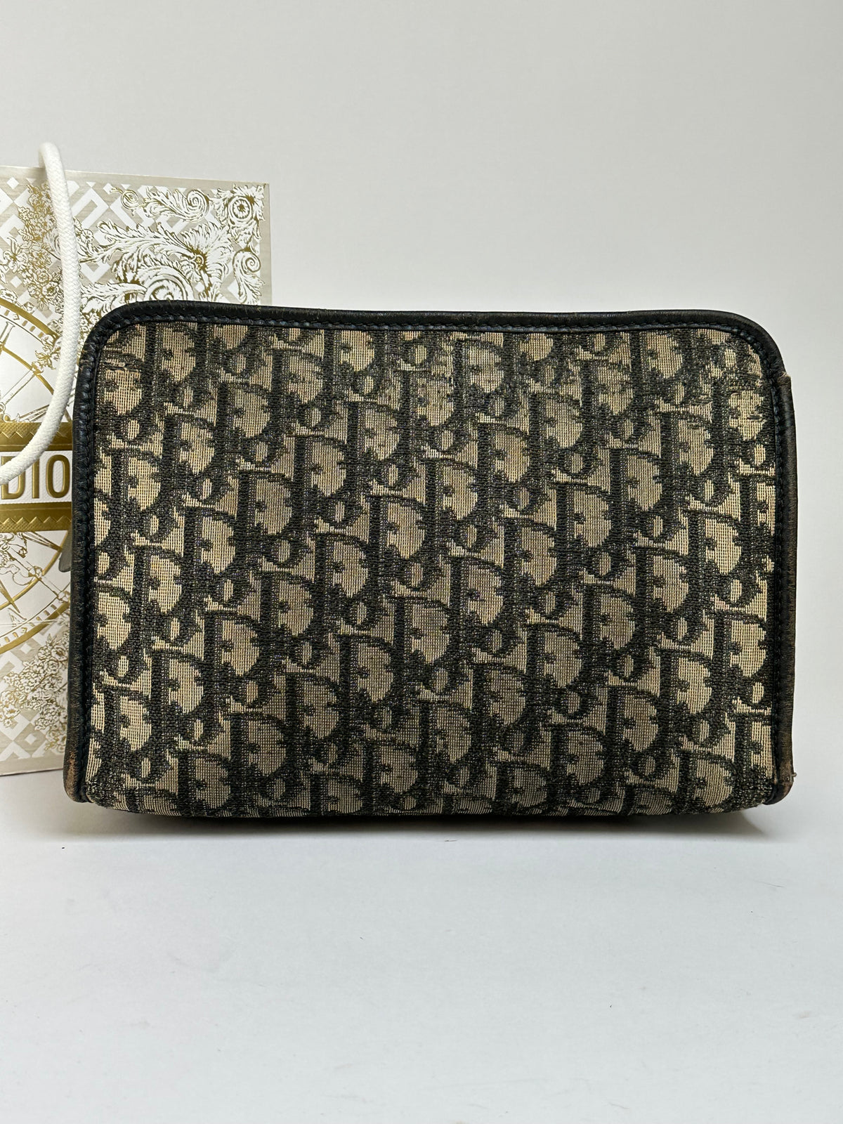Vintage Dior Oblique Jacquard Zip Pouch Late 1970s Black Beige