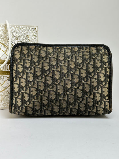 Vintage Dior Oblique Jacquard Zip Pouch Late 1970s Black Beige