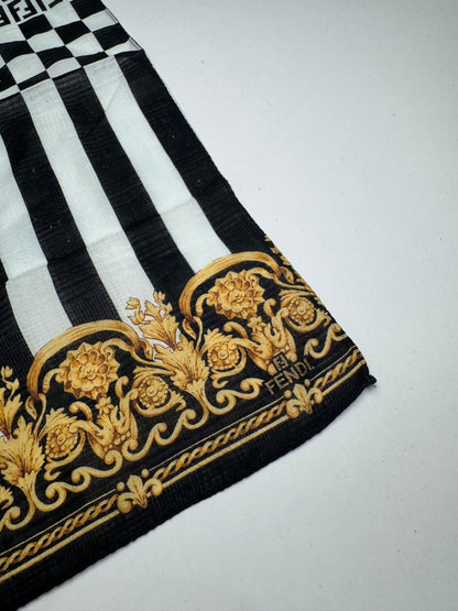 Vintage Fendi Abstract Scarf Black White Gold