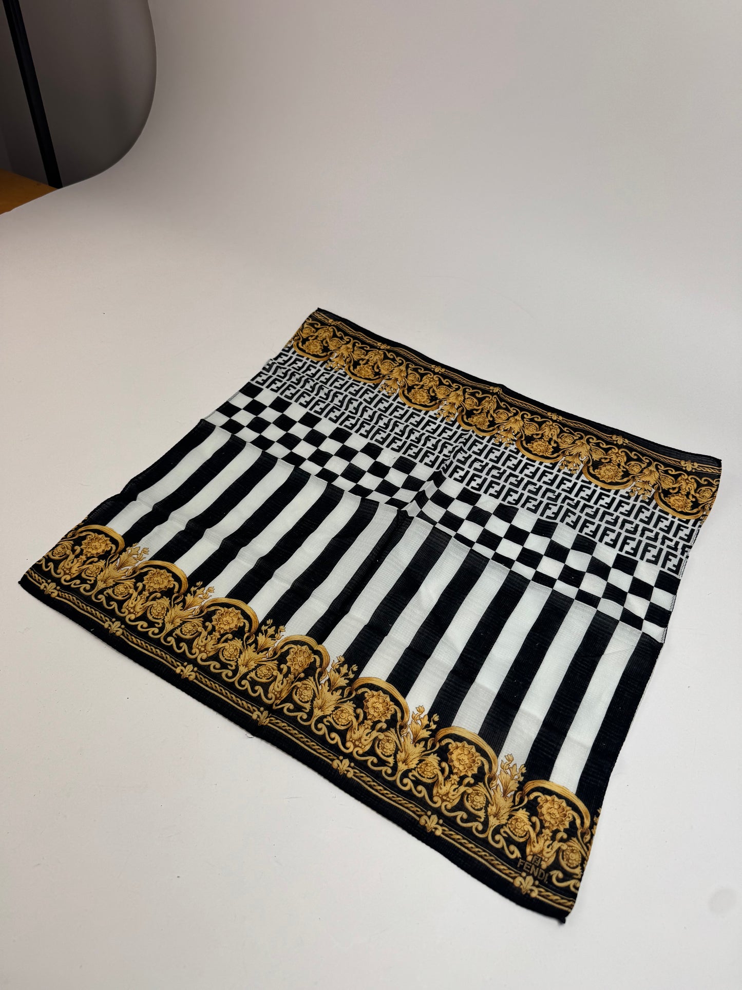 Vintage Fendi Abstract Scarf Black White Gold