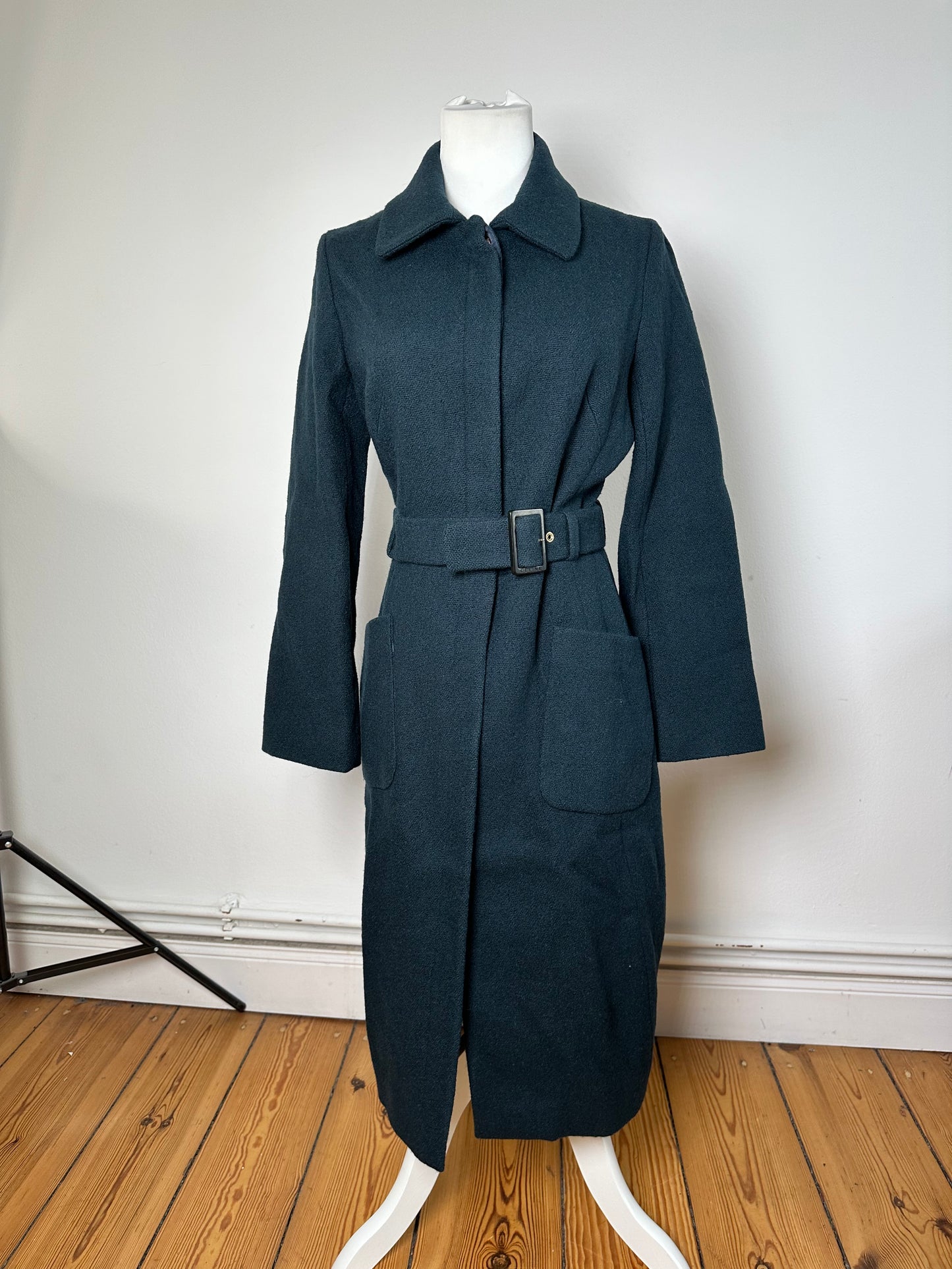Vintage Celine Paris Wool Single Breasted Belted Trench Coat Teal S