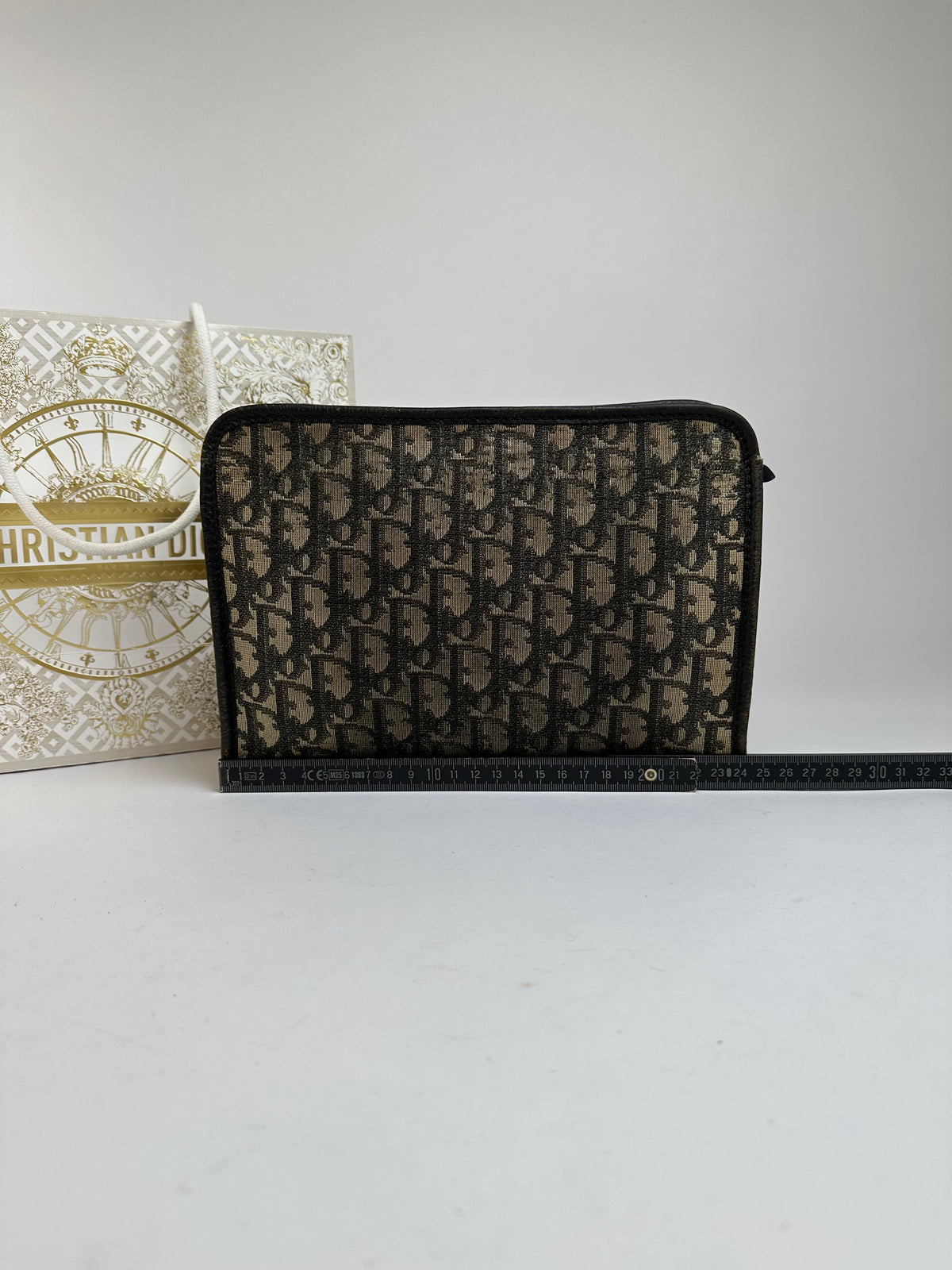 Vintage Dior Oblique Jacquard Zip Pouch Late 1970s Black Beige