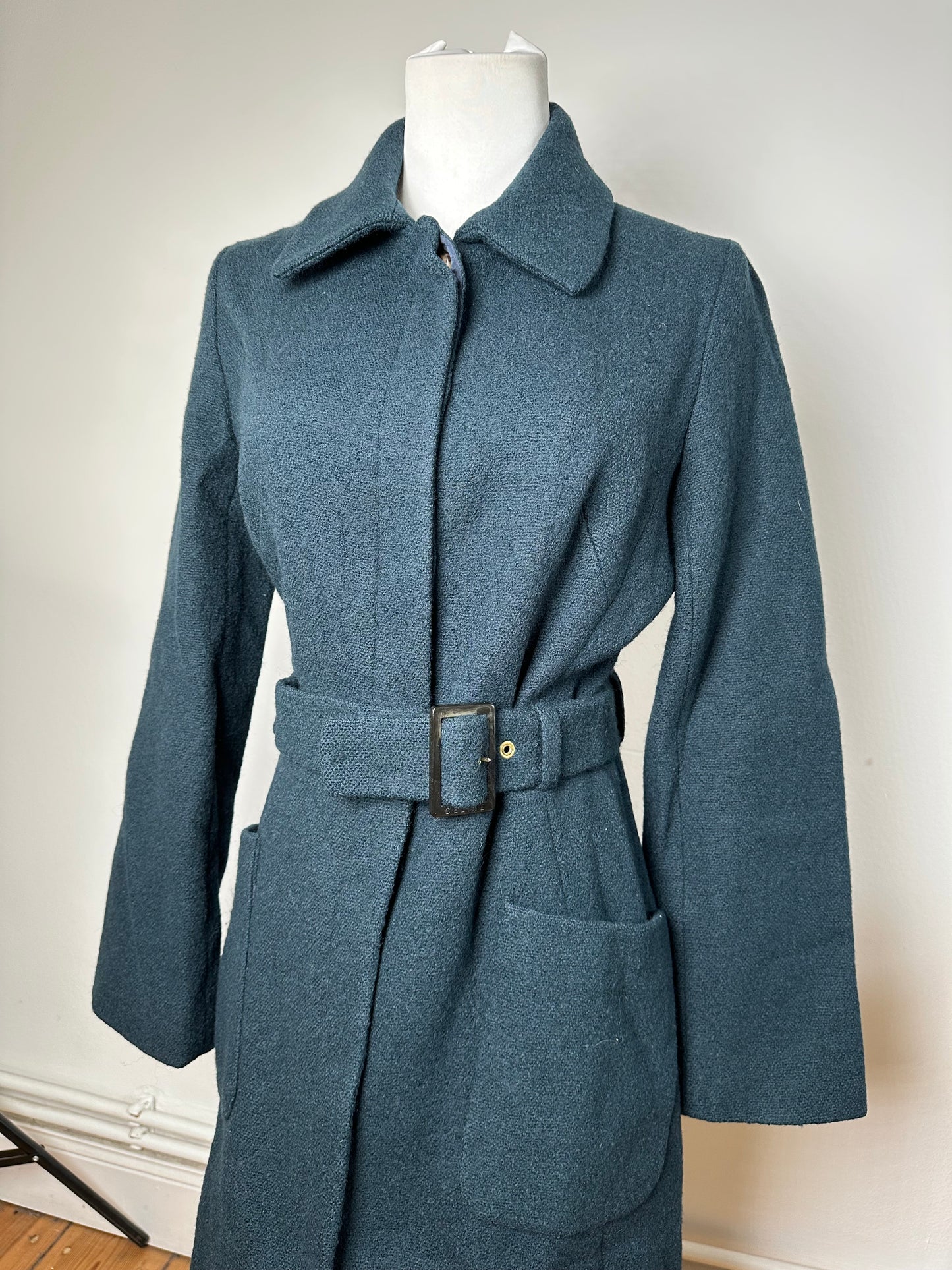 Vintage Celine Paris Wool Single Breasted Belted Trench Coat Teal S