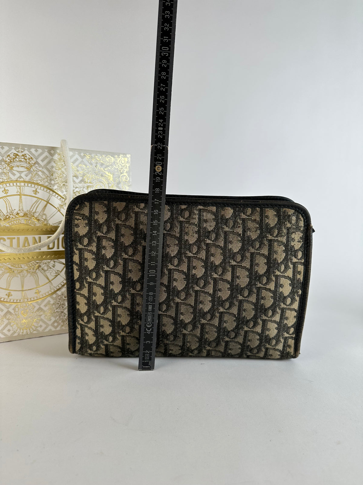 Vintage Dior Oblique Jacquard Zip Pouch Late 1970s Black Beige