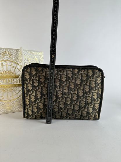 Vintage Dior Oblique Jacquard Zip Pouch Late 1970s Black Beige