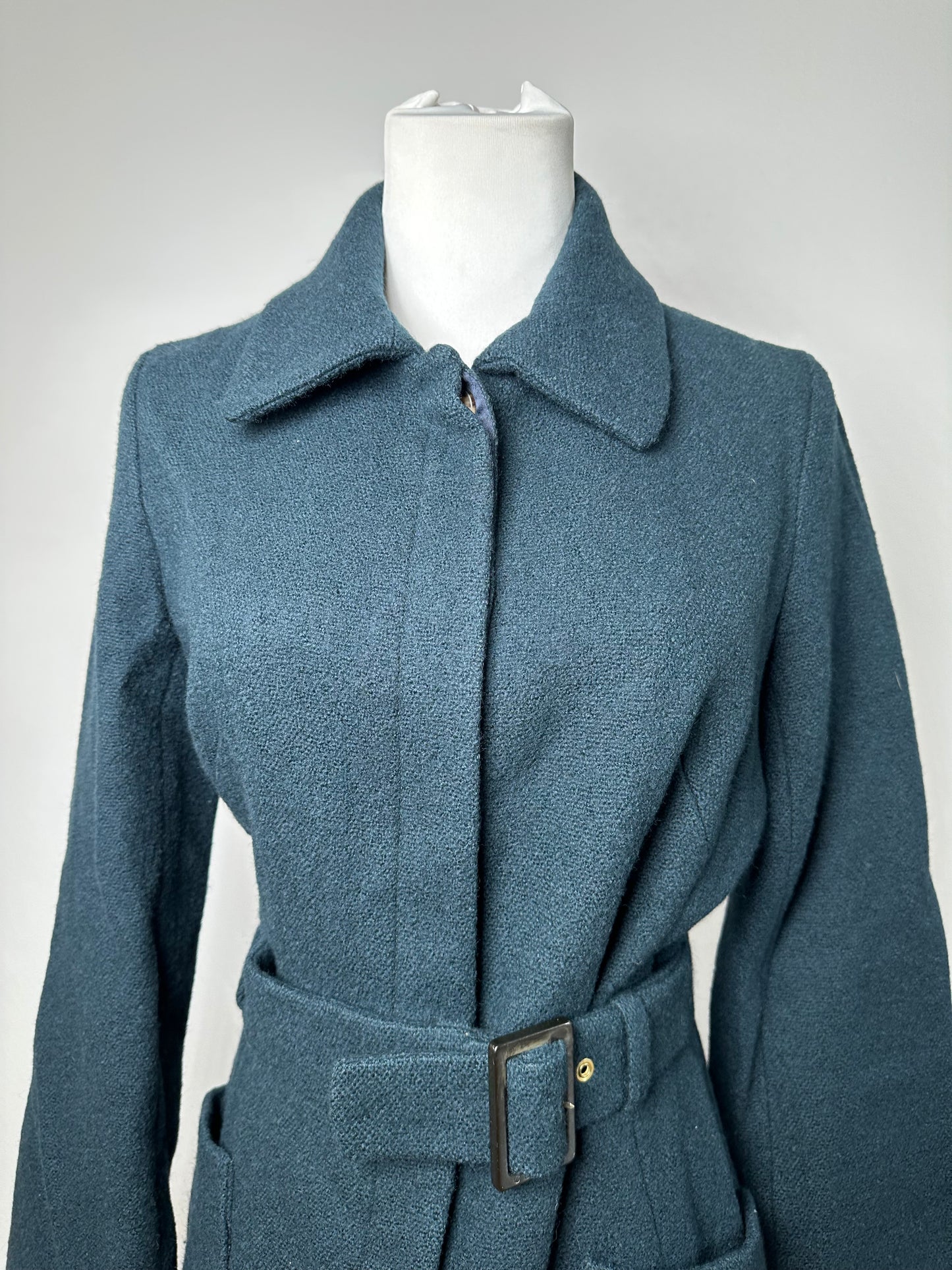 Vintage Celine Paris Wool Single Breasted Belted Trench Coat Teal S