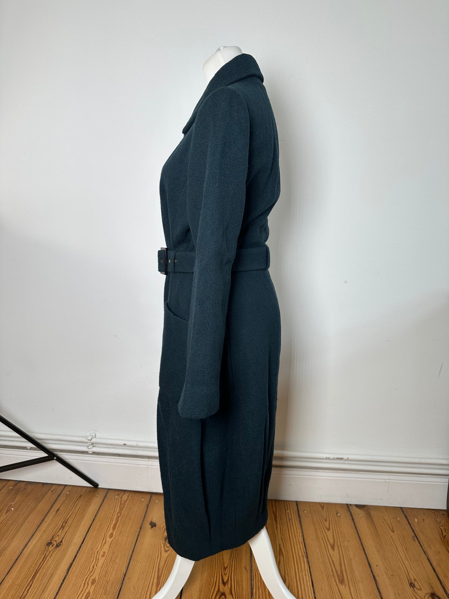 Vintage Celine Paris Wool Single Breasted Belted Trench Coat Teal S