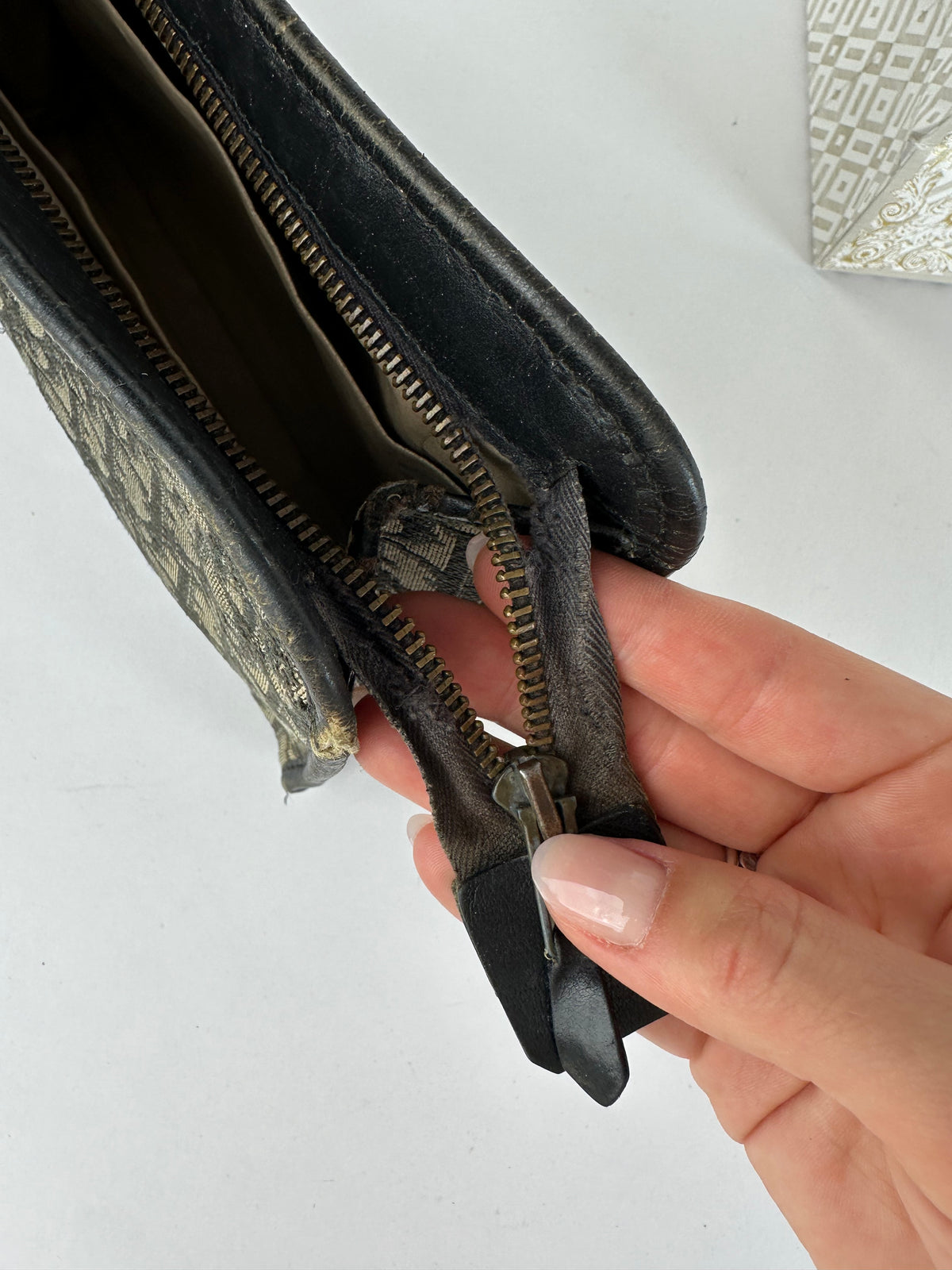 Vintage Dior Oblique Jacquard Zip Pouch Late 1970s Black Beige