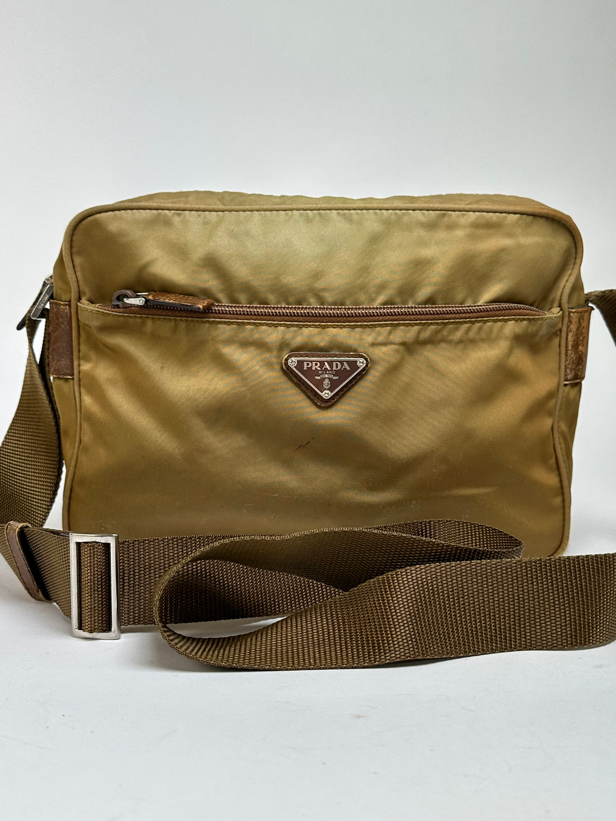 Vintage Prada Tessuto Nylon Flap Crossbody Bag Late 1990s Olive