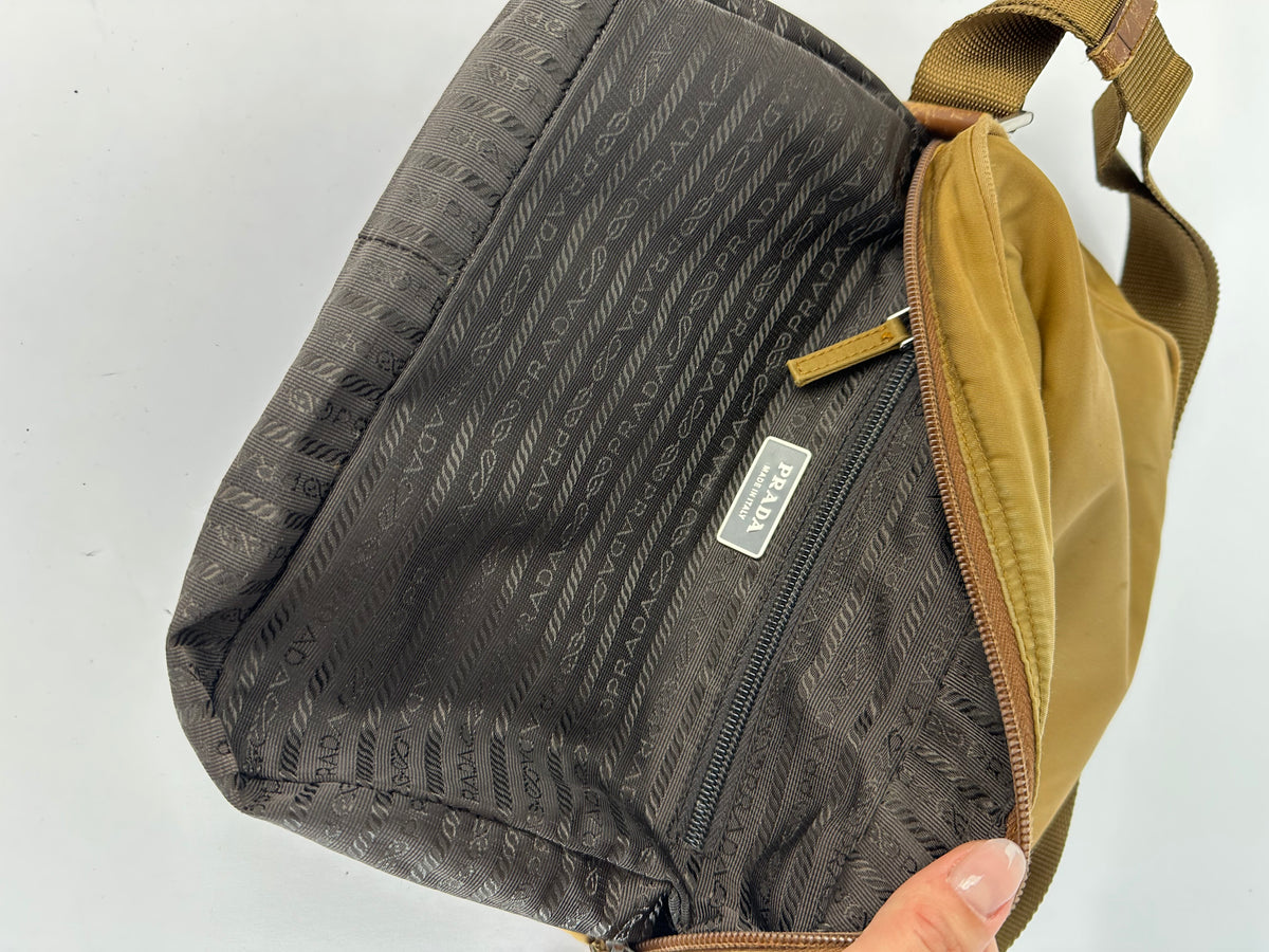 Vintage Prada Tessuto Nylon Flap Crossbody Bag Late 1990s Olive