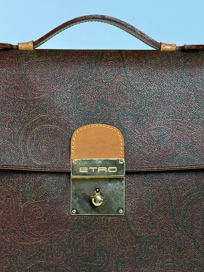 Vintage Etro Paisley Coated Canvas Briefcase Late 1990s Brown