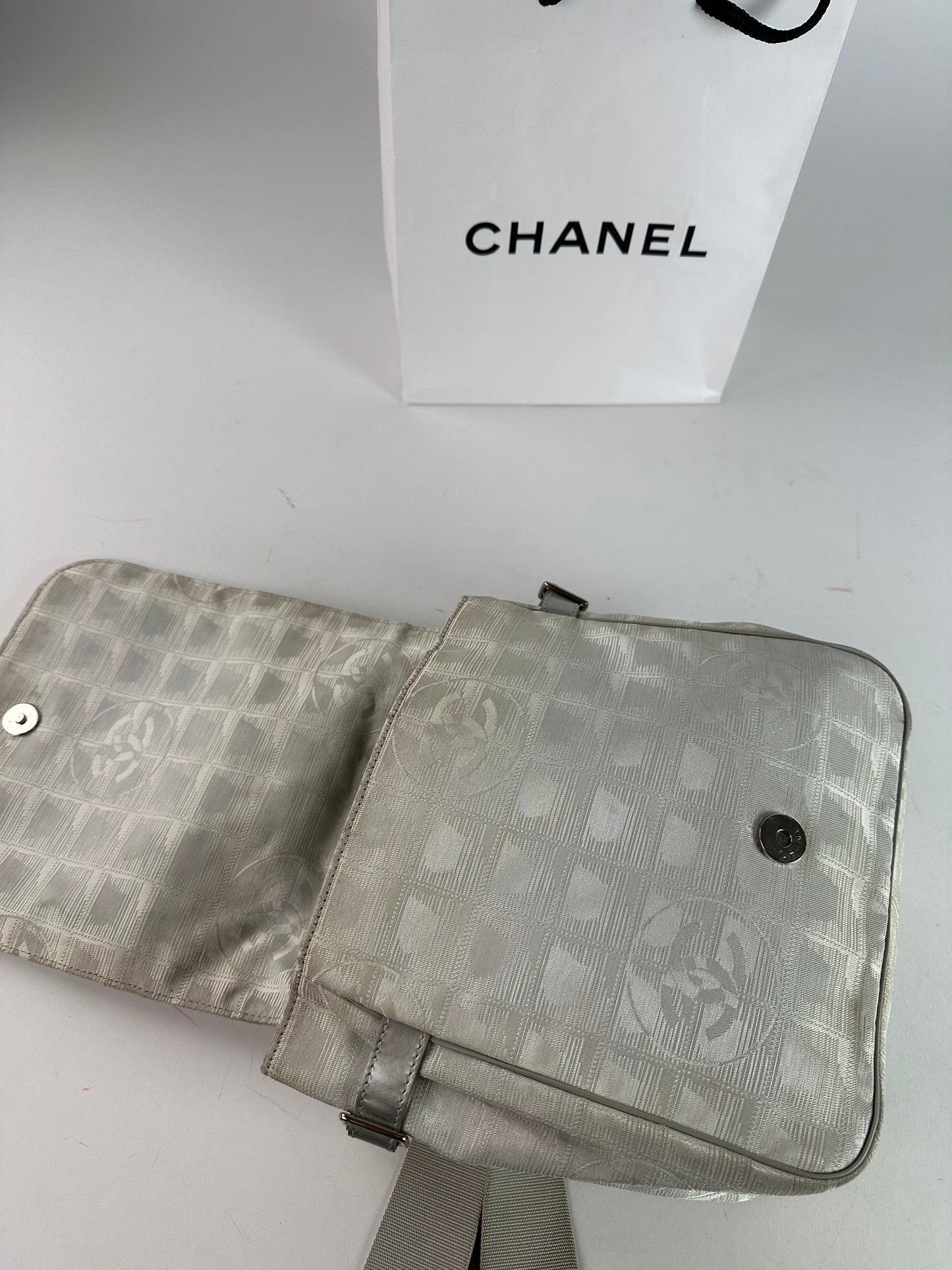 Vintage Chanel New Travel Line Jacquard CC Crossbody Flap Bag Ivory