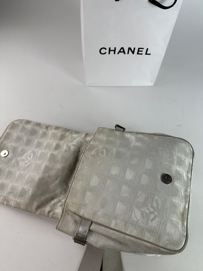 Vintage Chanel New Travel Line Jacquard CC Crossbody Flap Bag Ivory