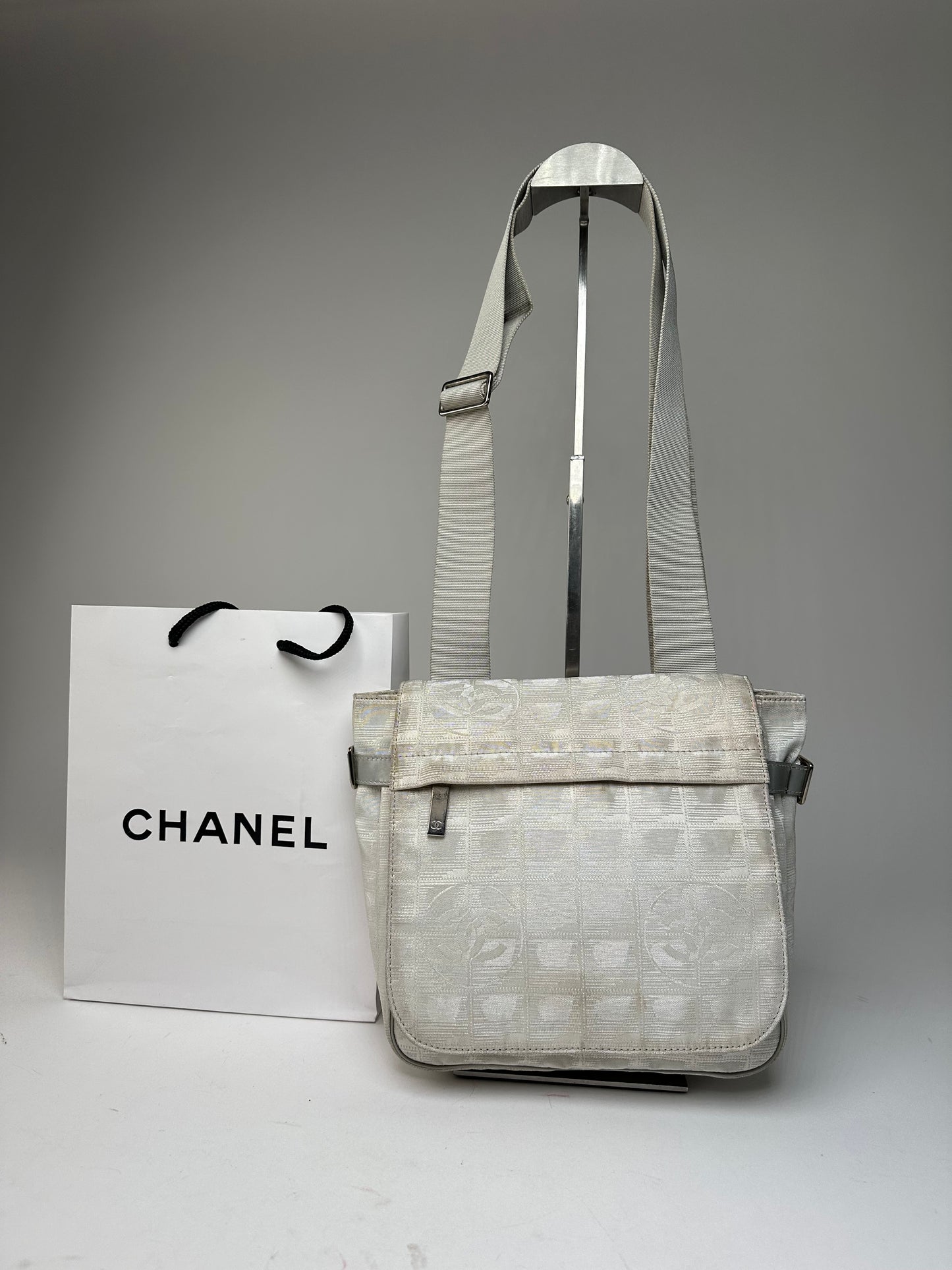 Vintage Chanel New Travel Line Jacquard CC Crossbody Flap Bag Ivory