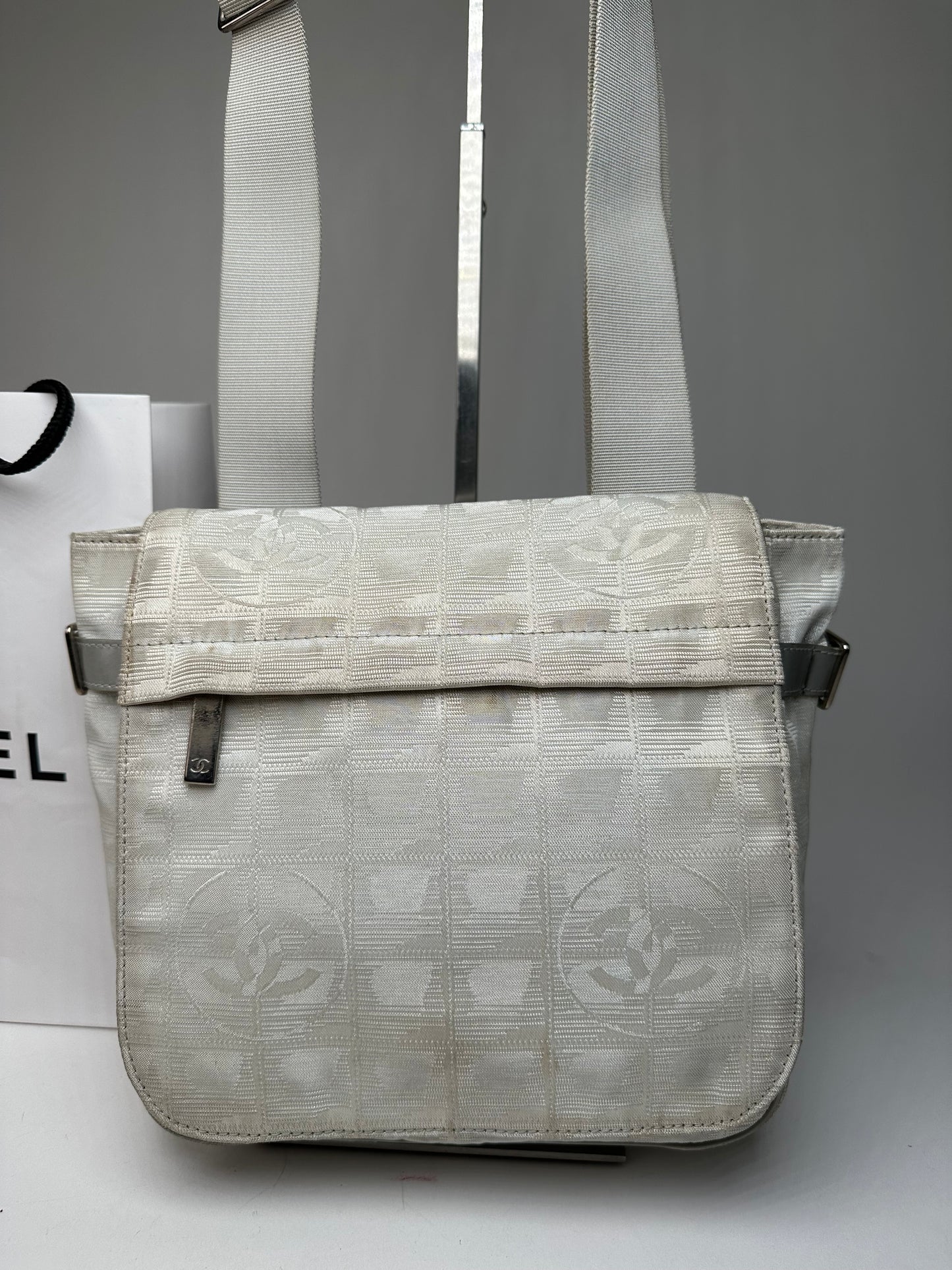 Vintage Chanel New Travel Line Jacquard CC Crossbody Flap Bag Ivory