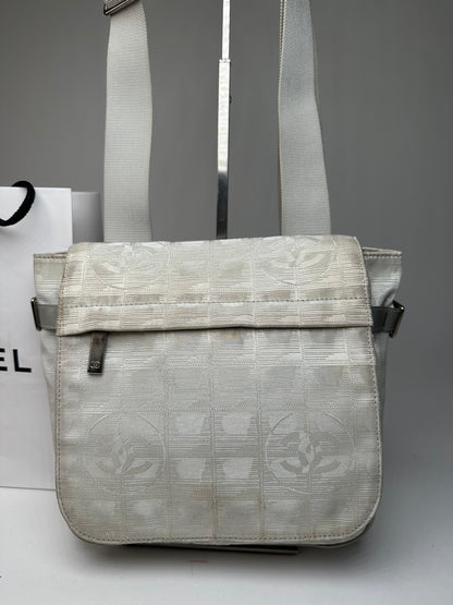 Vintage Chanel New Travel Line Jacquard CC Crossbody Flap Bag Ivory