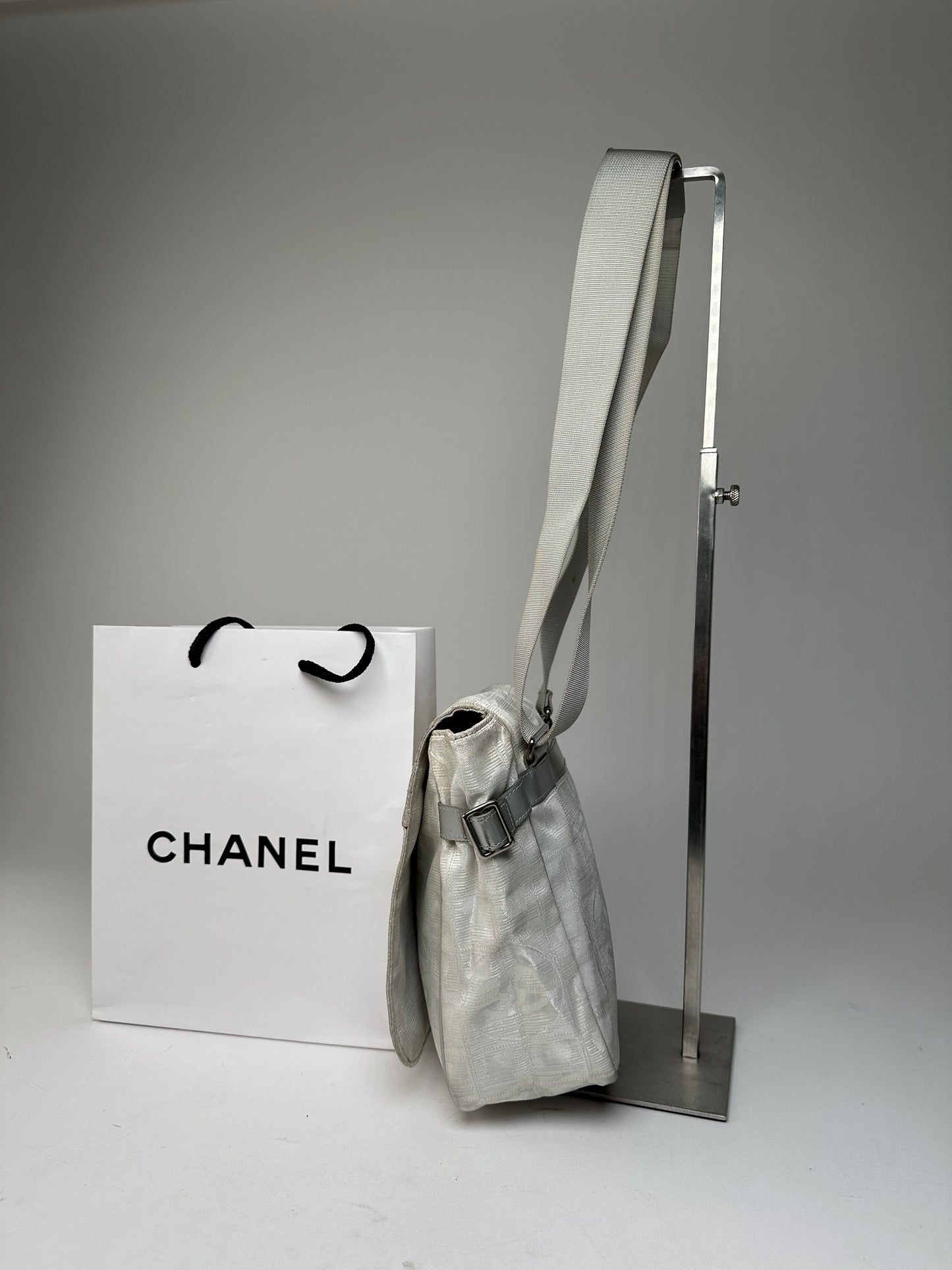 Vintage Chanel New Travel Line Jacquard CC Crossbody Flap Bag Ivory