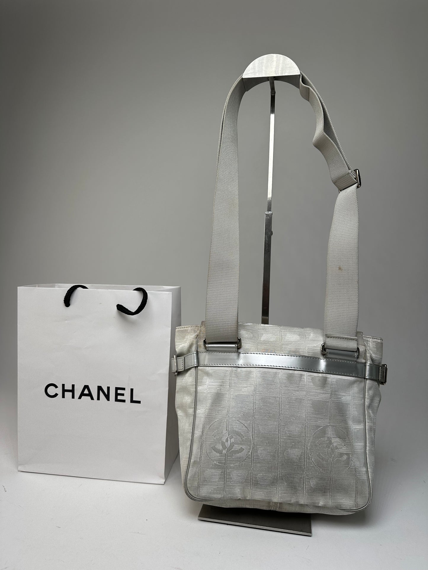 Vintage Chanel New Travel Line Jacquard CC Crossbody Flap Bag Ivory
