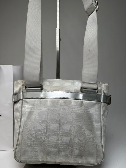 Vintage Chanel New Travel Line Jacquard CC Crossbody Flap Bag Ivory