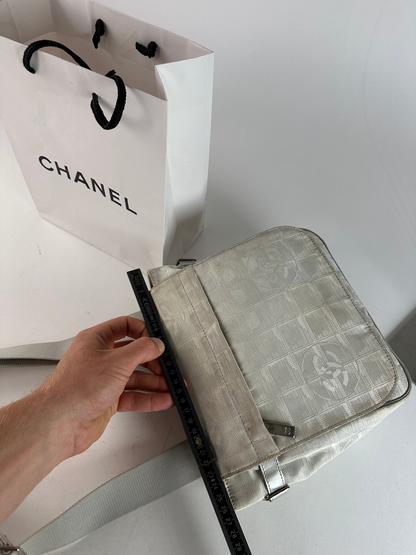 Vintage Chanel New Travel Line Jacquard CC Crossbody Flap Bag Ivory