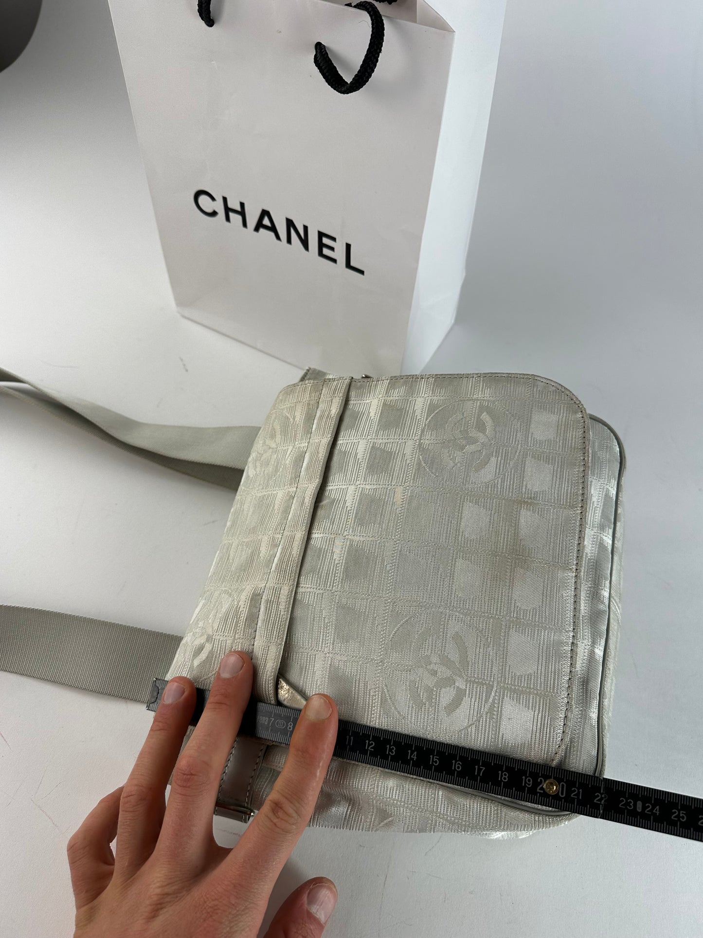 Vintage Chanel New Travel Line Jacquard CC Crossbody Flap Bag Ivory