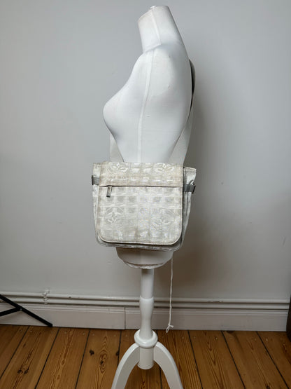 Vintage Chanel New Travel Line Jacquard CC Crossbody Flap Bag Ivory