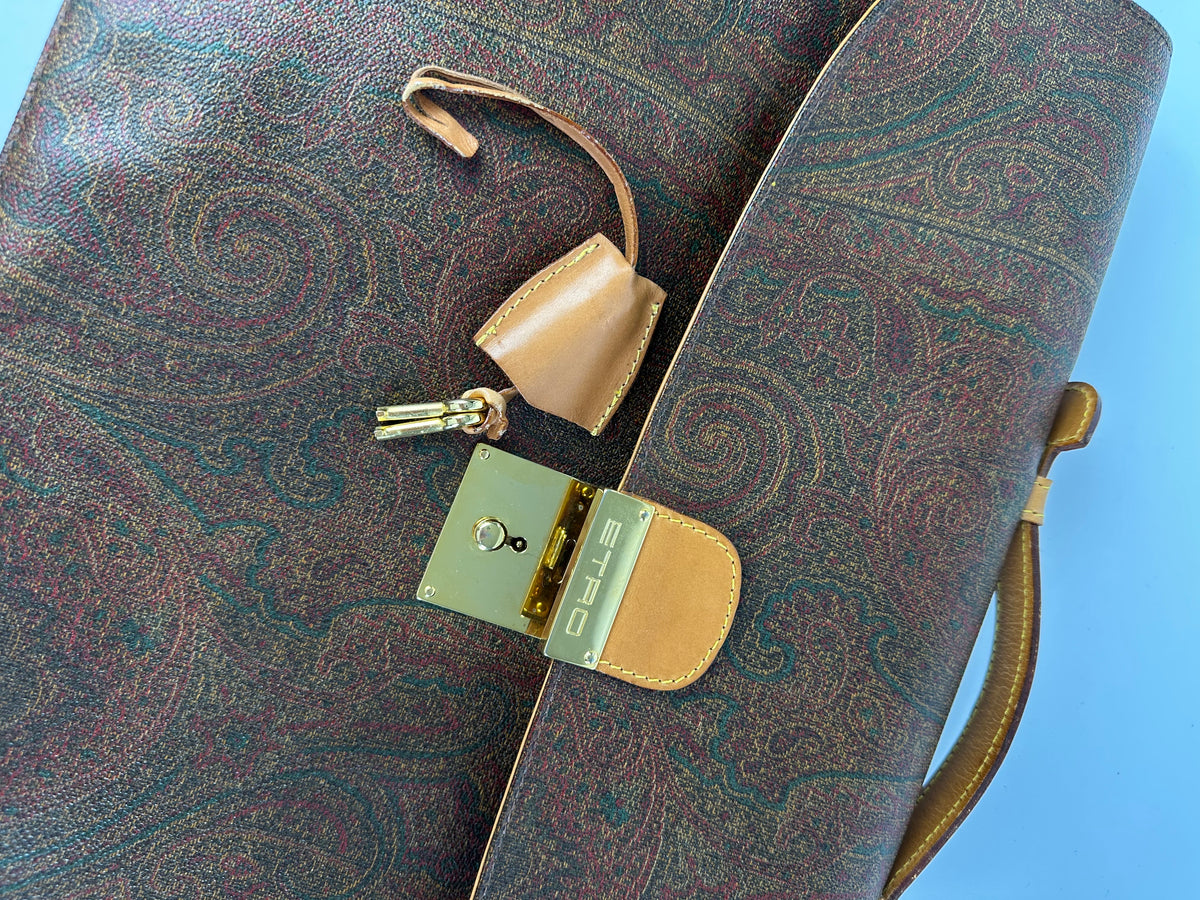 Vintage Etro Paisley Coated Canvas Briefcase Late 1990s Brown