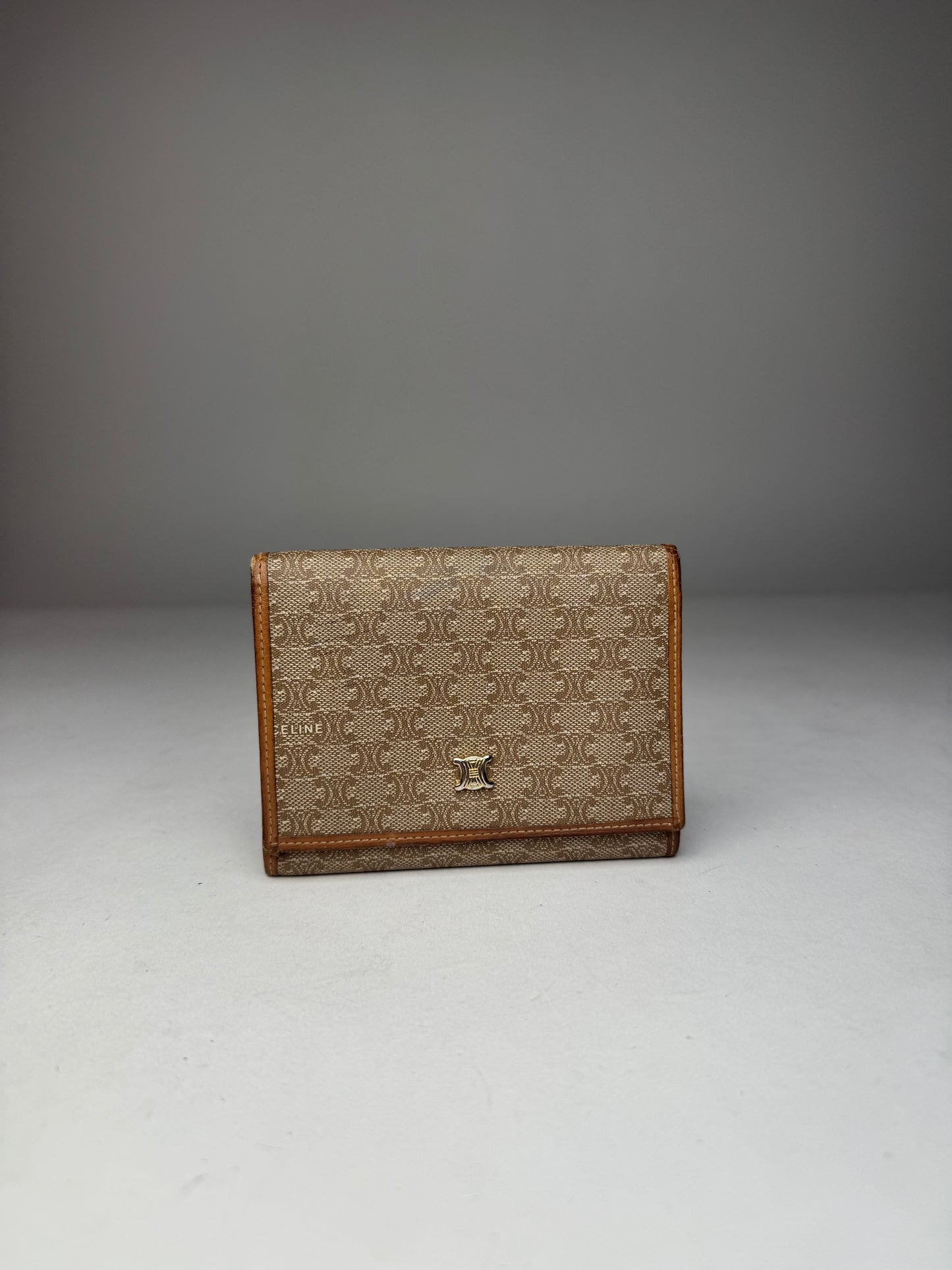 Vintage Celine Paris Leather Monogram Wallet Beige Brown